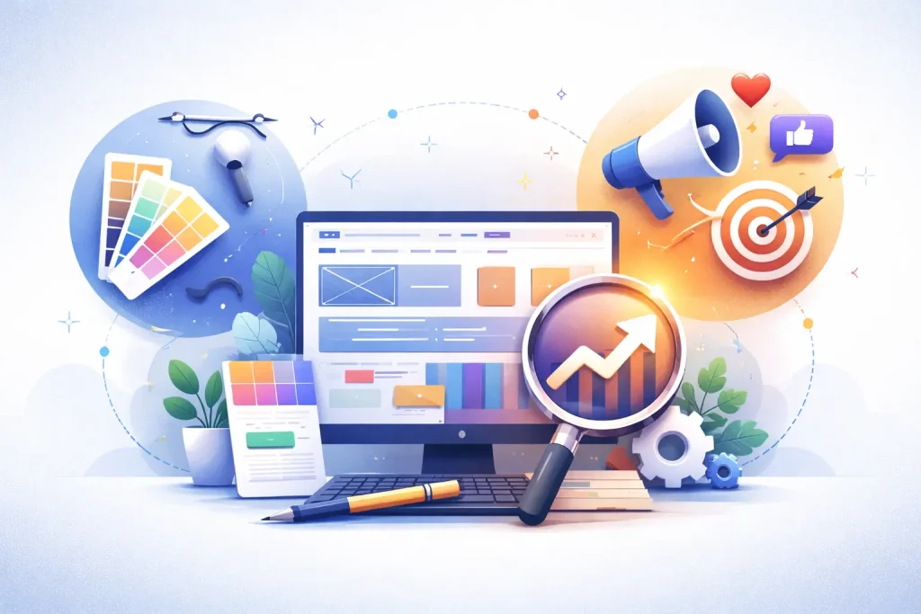 Minimal illustration representing a full-service digital agency integrating design, development, and marketing for scalable growth